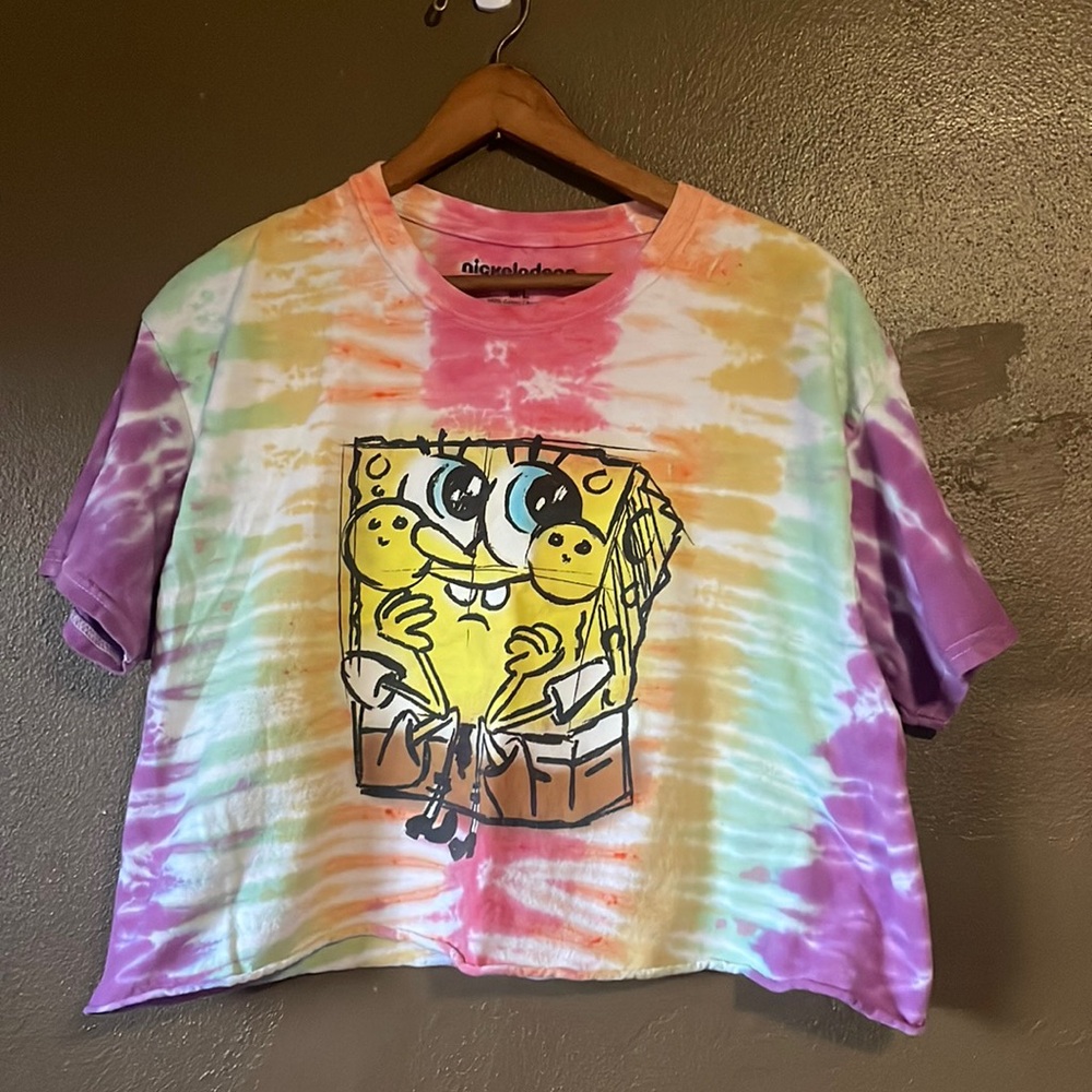 Y2K SpongeBob Nickelodeon Tie-Dye Cropped T-shirt / Size Medium/Large - Picture 1 of 4